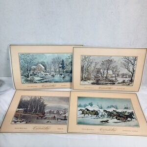 Vtg Currier and Ives American Winter Scenes 4 Placemats Set Reversible Christmas